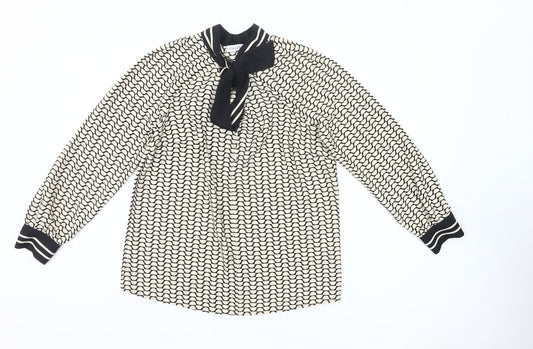 Additional front view of Gallery women’s ivory black bow neck long sleeve blouse uk 8
