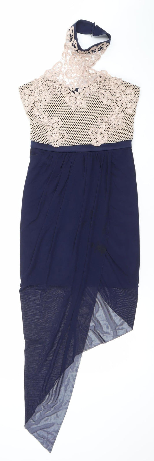 MKE Women’s Blue Beige Lace Halter Bodycon Midi Dress S