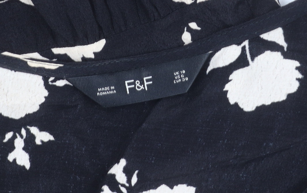 F&F Women’s Black Floral Skater Dress UK 10 Long Sleeve V-Neck