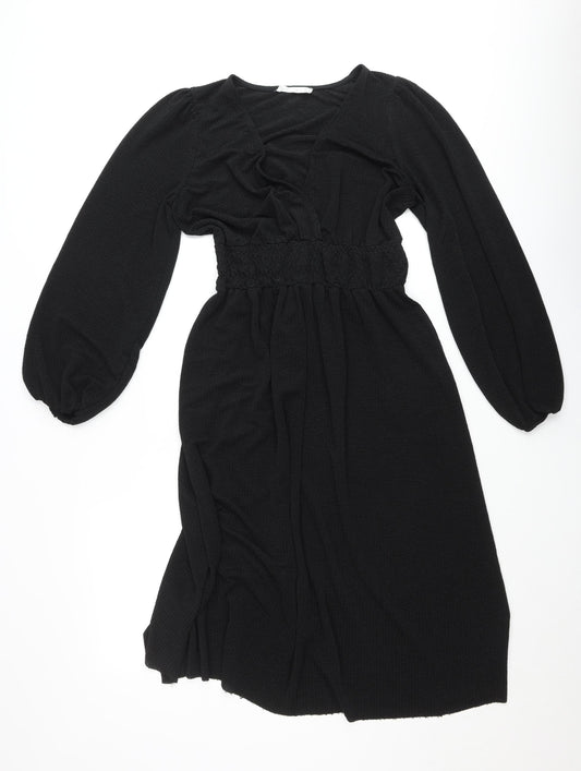 MNG Women’s Black Skater Mini Dress Size S Long Sleeve Ruched