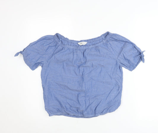 Additional front view of H&M Teens Blue Cotton Off Shoulder Blouse, size 14, Short Sleeve