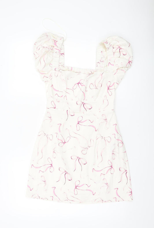 Stradivarius Women’s Ivory Puff Sleeve A-Line Short Dress Size 12