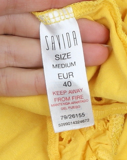 Savida Womens Yellow Embroidered Flutter Sleeve V-Neck T-Shirt Size 12