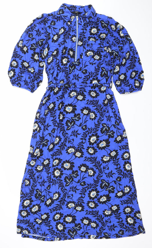 Next Womens Blue Floral Wrap Midi Dress Size 10 V-Neck 3/4 Sleeve