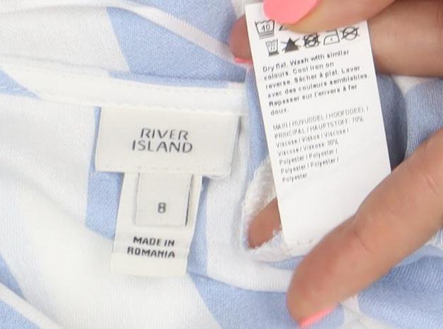 River Island Women’s Blue White Striped Belted Tunic Blouse Size 8