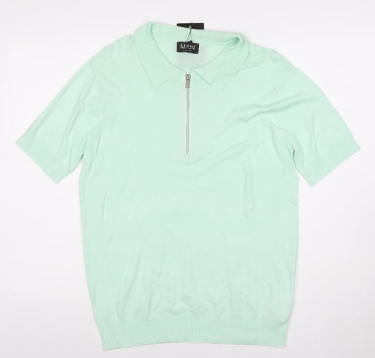 boohooMAN Unisex Green Polo Shirt M Short Sleeve Zip Collared Top