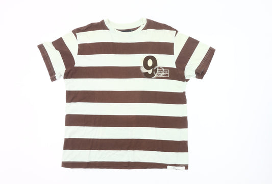 Additional front view of Teddy Smith unisex adults brown white striped t-shirt, size M