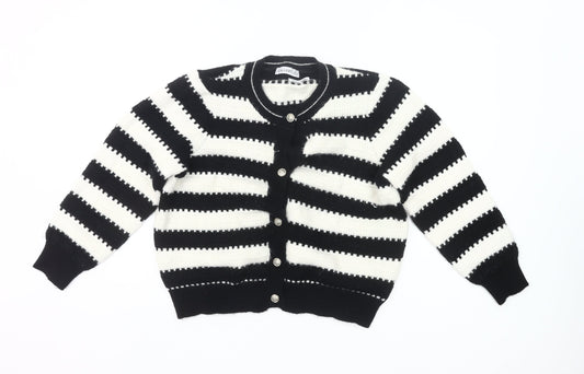 Gallery Womens Black White Striped Knit Cardigan L UK Crew Neck