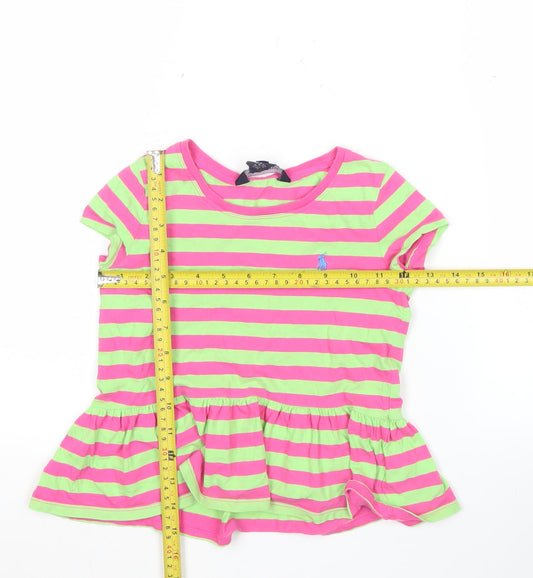 Ralph Lauren Girls Pink Green Striped Tunic T-Shirt 5 Years Cotton
