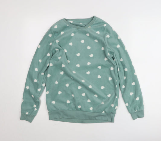 Dunnes Stores Womens Green XS Fleece Heart Print Pullover Jumper