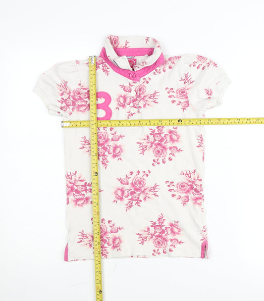 Joules Girls White Pink Floral Polo Shirt Age 3 Years Short Sleeve