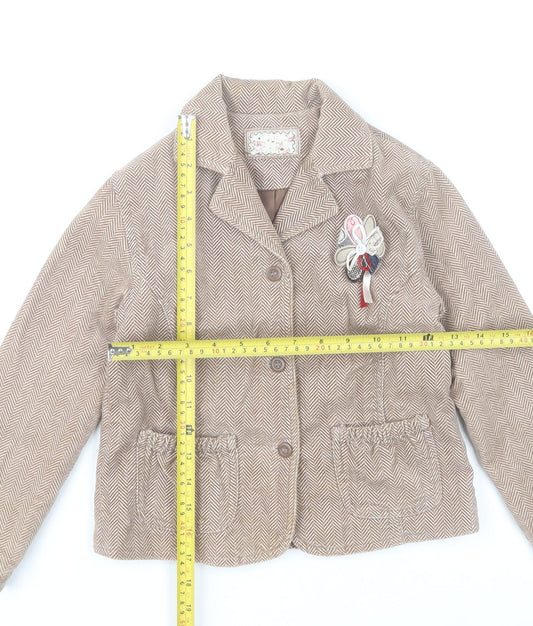 Mamas & Papas Girls Brown Herringbone Cotton Coat 6-7 Years Buttoned