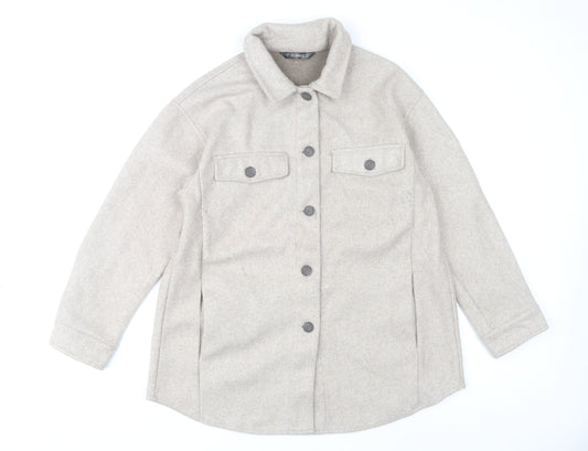 Additional front view of Dunnes women’s beige poly jacket, size UK 12, collared casual