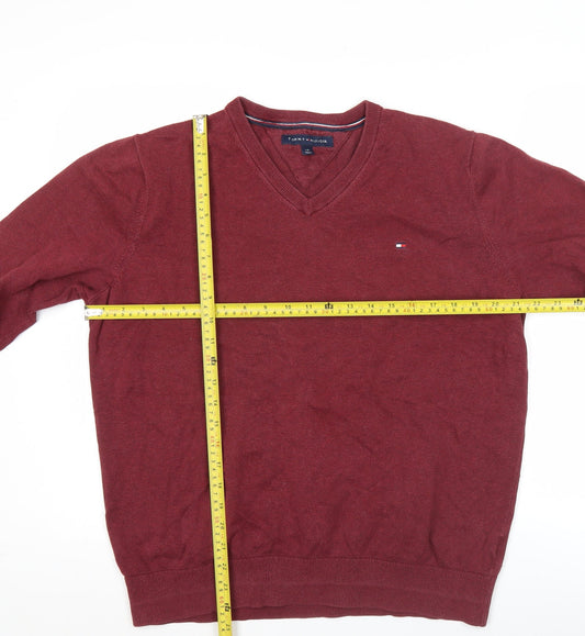 Tommy Hilfiger Men’s Red Cotton V-Neck Jumper Size L Pullover Knitwear