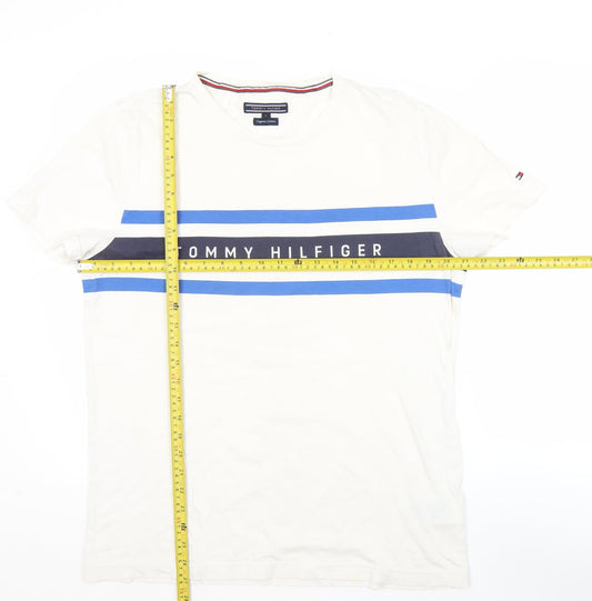 Tommy Hilfiger Men’s White Logo Stripe T-Shirt Size L Cotton