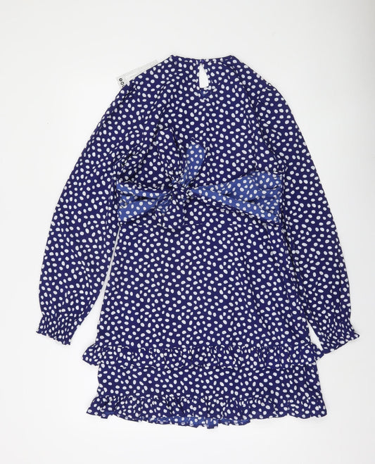 Boohoo Womens Blue Polka Dot Ruffle Wrap Dress Size 8