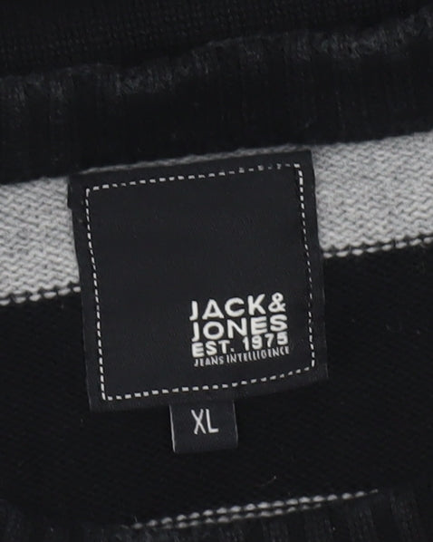 Jack & Jones Mens Grey Black Striped Crew Neck Pullover Jumper XL