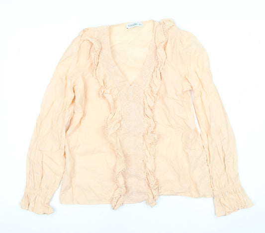 Additional front view of Gallery Women’s Beige Cotton Ruffle Long Sleeve Tunic Blouse UK 10