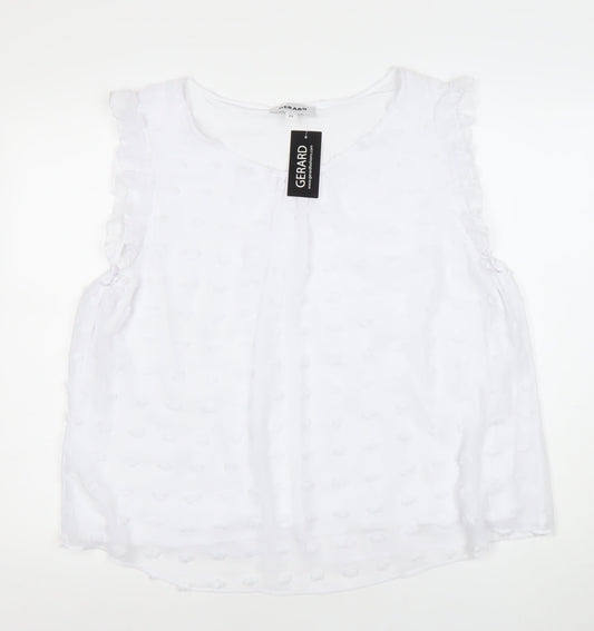 Additional front view of Gerard Women’s White Ruffle Trim Sleeveless Chiffon Blouse, size UK 22