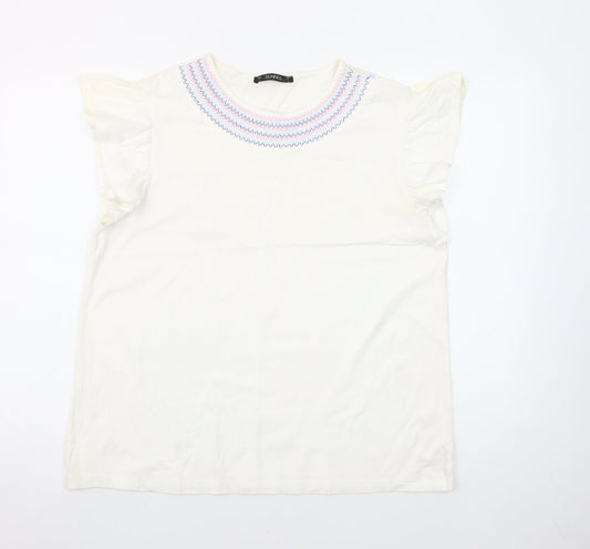 Dunnes Stores Womens White Embroidered Flutter Sleeve Cotton T-Shirt Size L