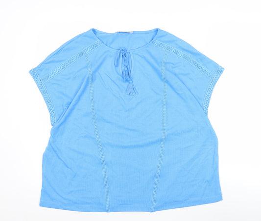 Additional front view of Gallery Women's Blue Tunic Blouse L Short Sleeve Tassel Detail