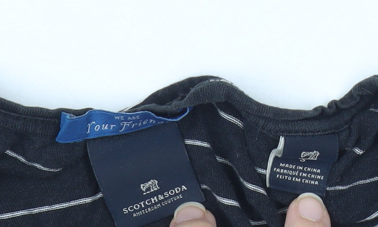 Scotch & Soda Men's Black Striped V-Neck Cotton T-Shirt Size M
