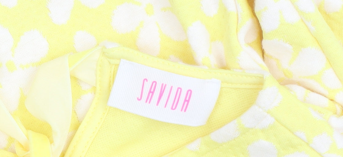 Savida Women's Yellow Floral Long Sleeve Bow Tie Jersey Top Size S
