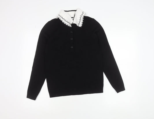 Gallery Women's Black Collared Henley Knit Jumper Size S