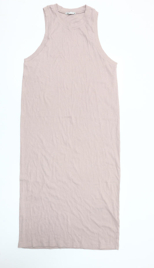 Zara Women Beige XL Tank Midi Dress Sleeveless Cotton Stretch