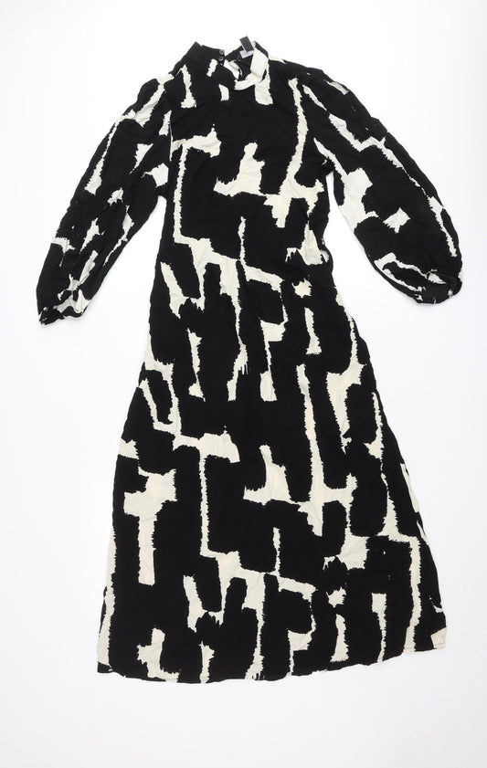 New Look Women’s Black & White Geometric Midi Dress Size 8 Long Sleeve High Neck