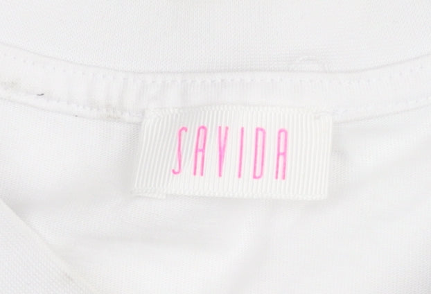 Savida Women White Sequin Mykonos Print T-Shirt XS