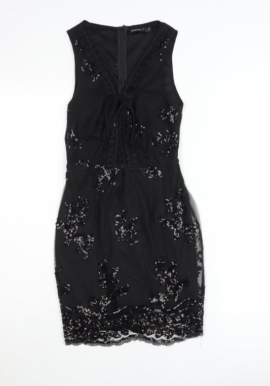 Boohoo Petite Black Sequin Bodycon Party Dress Womens UK 6