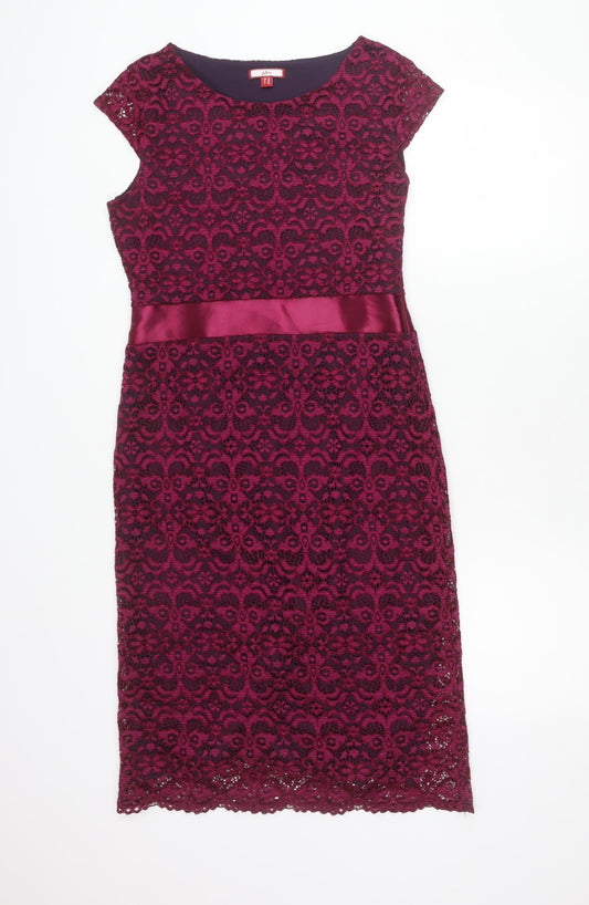 Additional front view of Joe Browns Women’s Purple Lace Sheath Dress, size UK 10, Knee Length