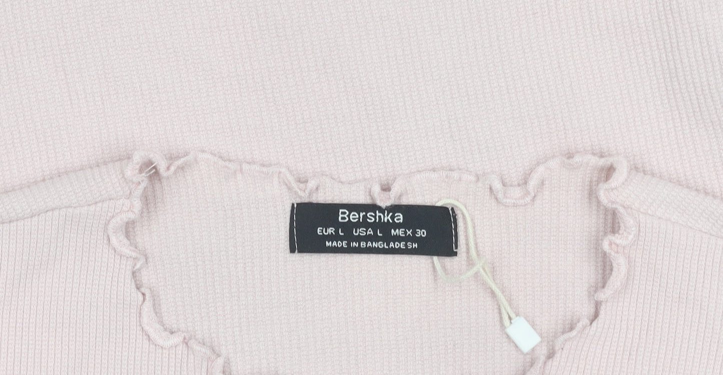 Bershka Women's Pink Ruffle Hem Slim Fit Cotton T-Shirt Size L