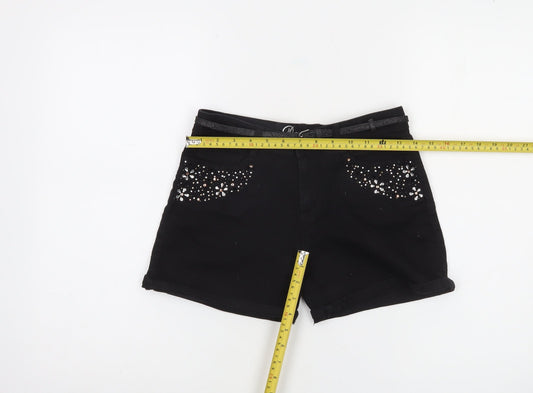 Denim Co. Girls Black Chino Shorts 13 Years Cotton Stretch Embellished