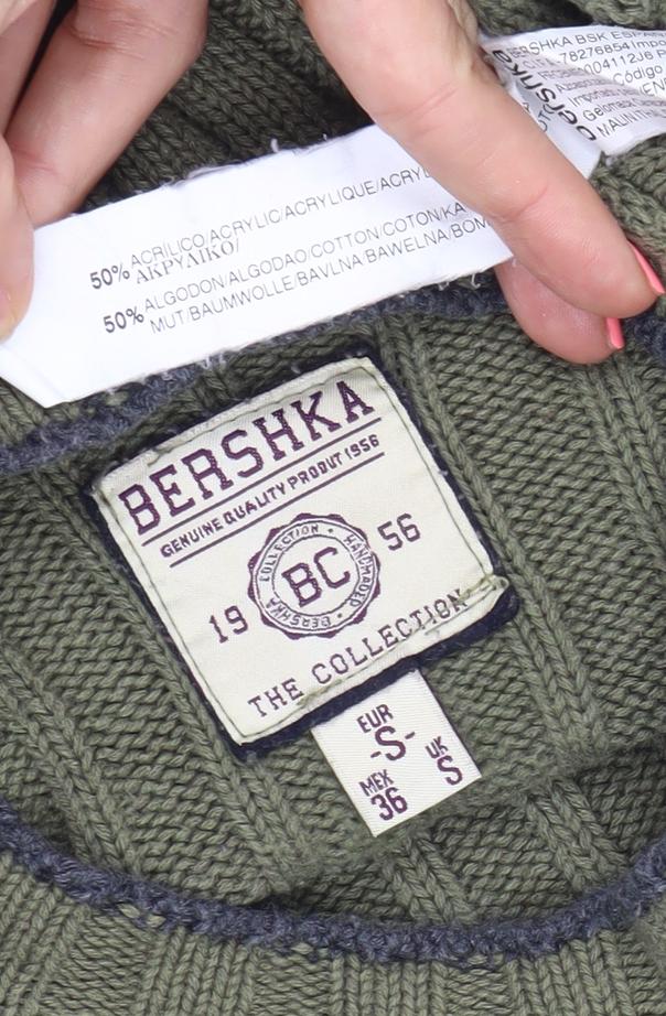 Bershka Men’s Green Knit Crew Neck Pullover Jumper Size S