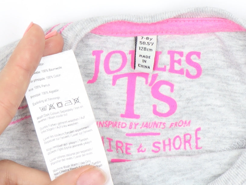 Brand and care label for Joules girls’ grey long sleeve t-shirt 7-8 years glitter graphic snow globe design