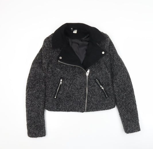 H&M Divided Women's Grey Wool Biker Jacket Size 8 Cropped Zip Style