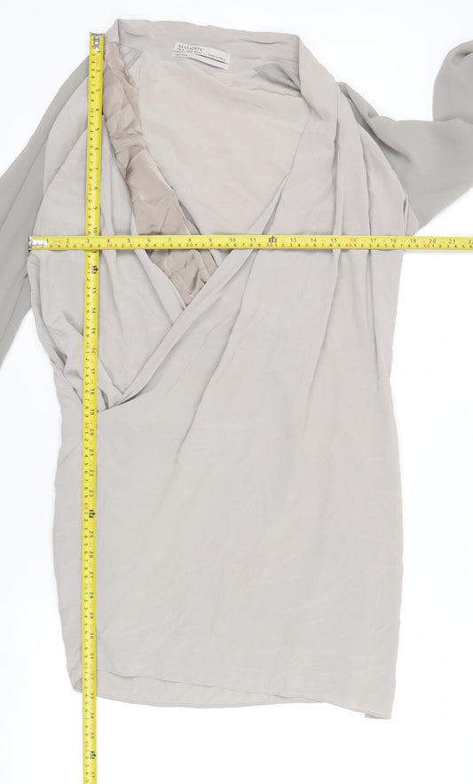 AllSaints Womens Beige Silk V-Neck Shirt Dress Size 14