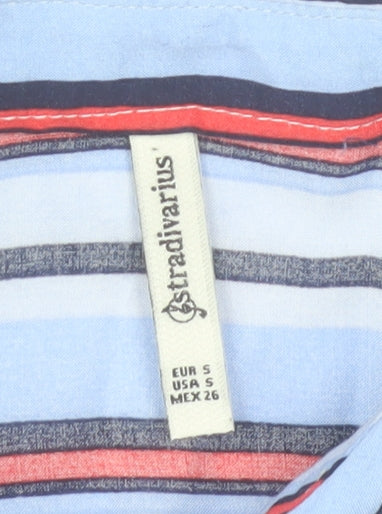 Stradivarius Women's Blue Striped Button-Up Shirt Size 8