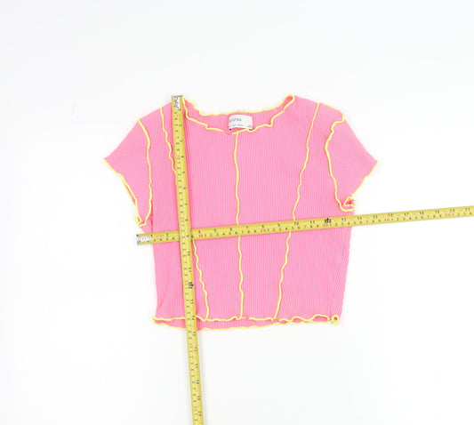 Bershka Girls Pink Cropped Ribbed Slim Fit T-Shirt with Yellow Stitching - Size S