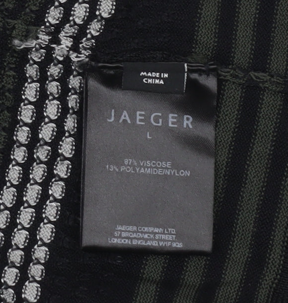 Jaeger Womens Black Striped V-Neck Long Sleeve Knit Cardigan L