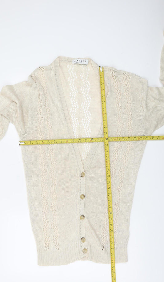 Jaeger Women Beige Linen Silk V-Neck Button Cardigan Size S