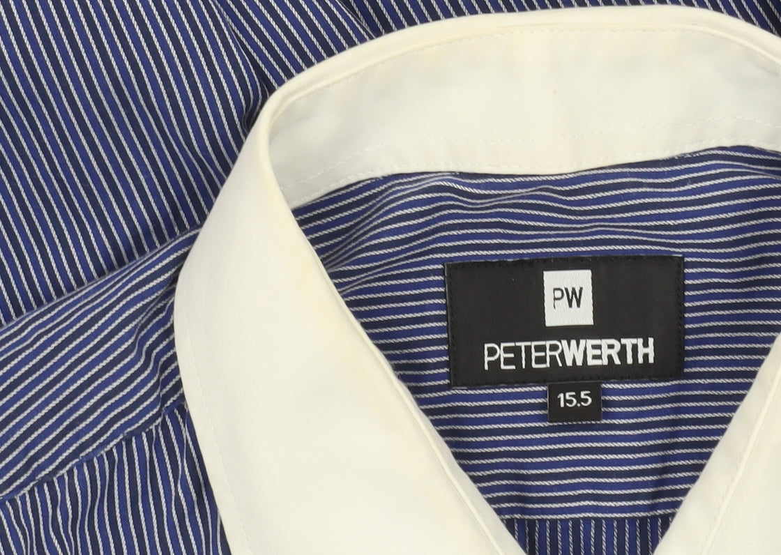 Peter Werth Men’s Blue Striped Cotton Long Sleeve Button-Up Shirt 15.5