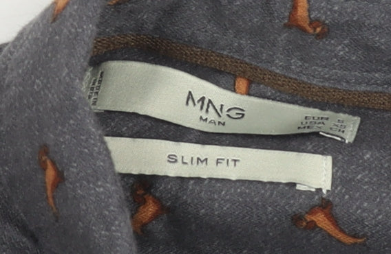 Mango Man Grey Slim Fit Dog Print Cotton Button-Up Shirt Size M