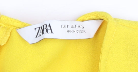 Zara Womens Yellow Wrap Blouse S Flared 3/4 Sleeve Bow Tie