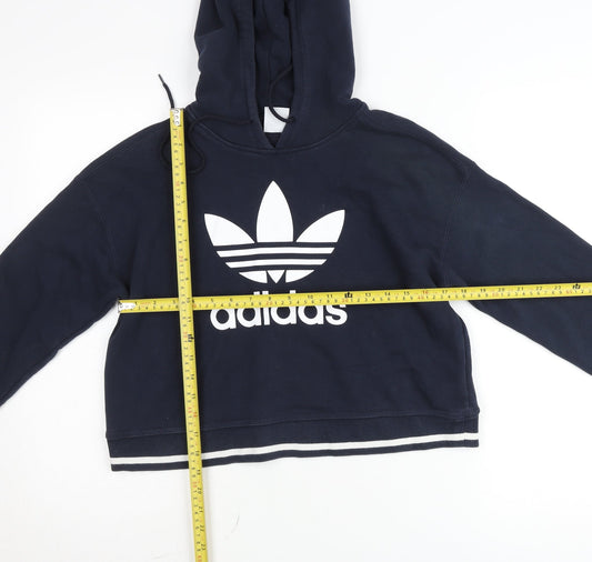Adidas Women Navy Blue Cropped Hoodie Long Sleeve Pullover