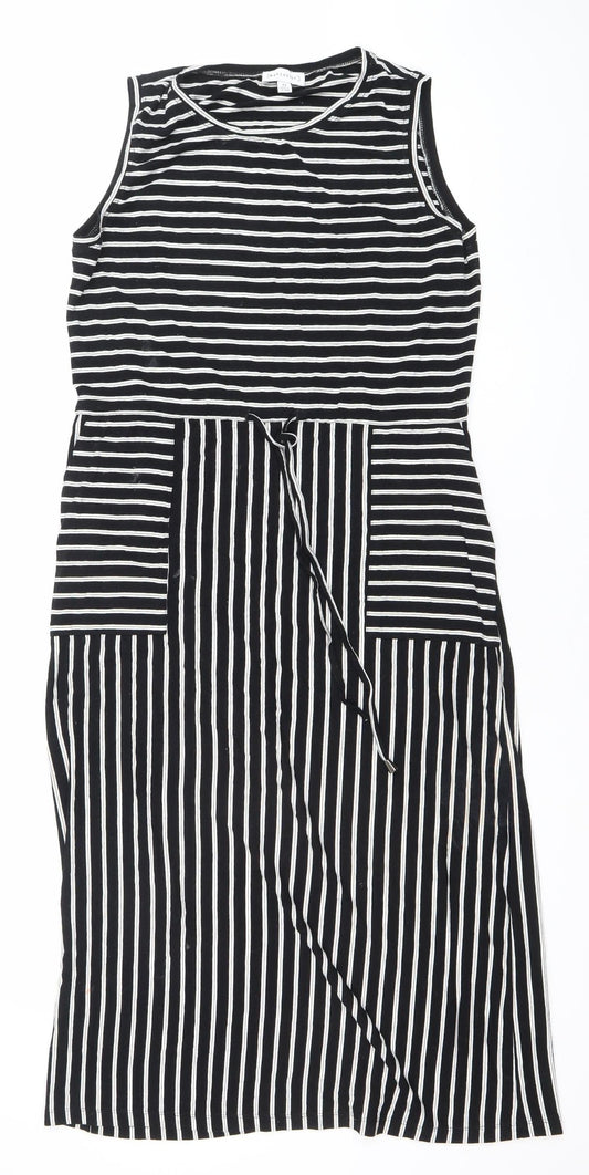 Warehouse Women’s Black White Striped Sleeveless Jersey A-Line Dress UK 12