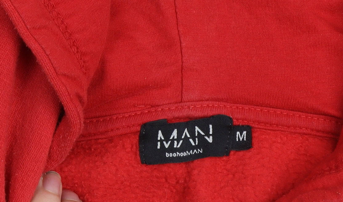 boohooMAN Men's Red Pullover Hoodie Size M Regular Fit Logo Fleece