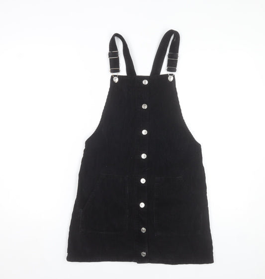 Topshop Women Black Corduroy Pinafore Dress Size 8 Sleeveless Button Front